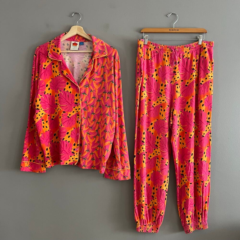 Farm Rio Spotted Bananas Pajama Set Women’s L Tropical Fruit Print Sleepwear